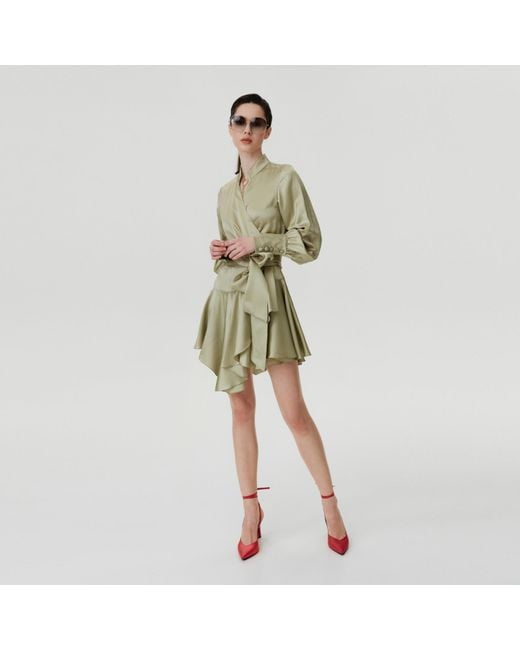 Lita Couture Natural Ruffle Hem Silk Wrap Dress