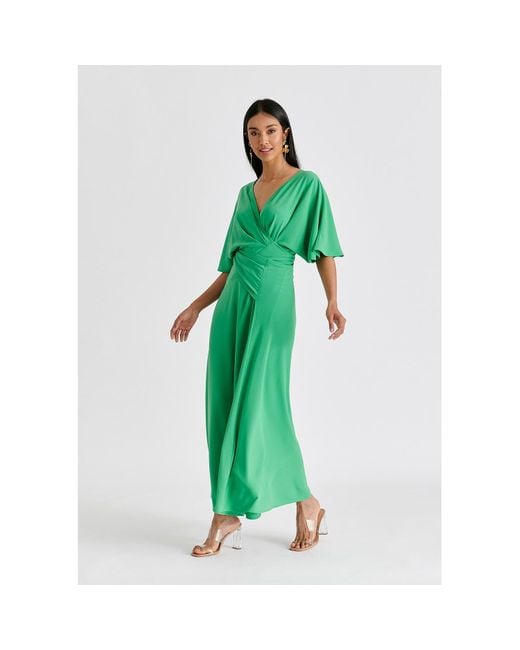 Paisie Green Flare Sleeves Maxi Wrap Dress