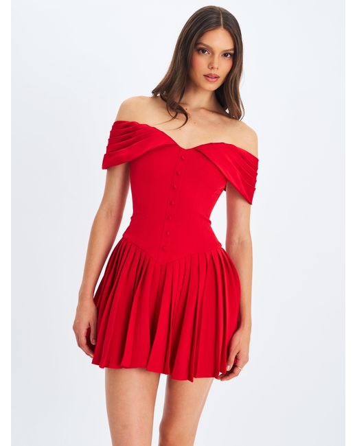 Miss Circle New York Red Narelle Crimson Off-Shoulder Sweetheart Drop Waist Mini Dress