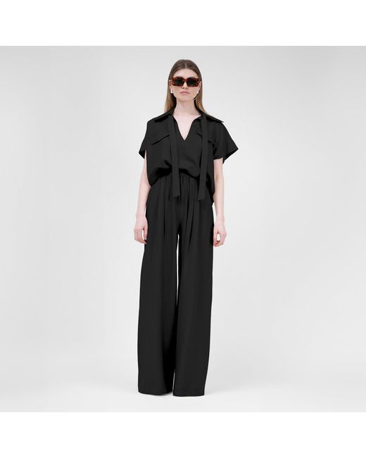 BLUZAT Black Linen Set With Shirt With Pockets And Wide Leg Trousers
