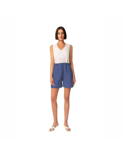 Haris Cotton Blue Linen Shorts With Elastic Waist