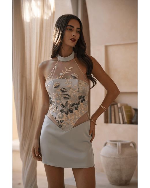 Clerestory Gray Coralie Floral Embroidered Halter Corset Mini Dress