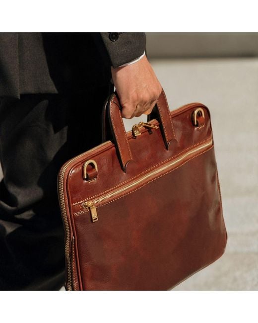 Time Resistance Brown Leather Briefcase Laptop Bag for men