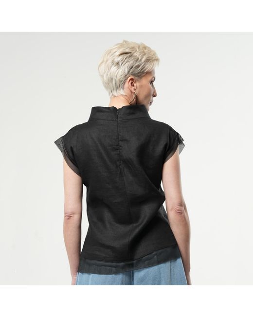 Metamorph Black Turtleneck Linen Top