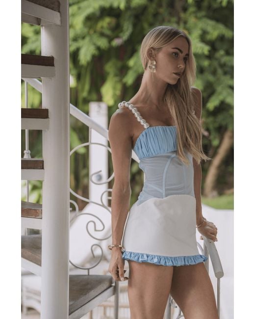 Clerestory Blue Luscia Pearl Strap Mesh-Waist Linen Mini