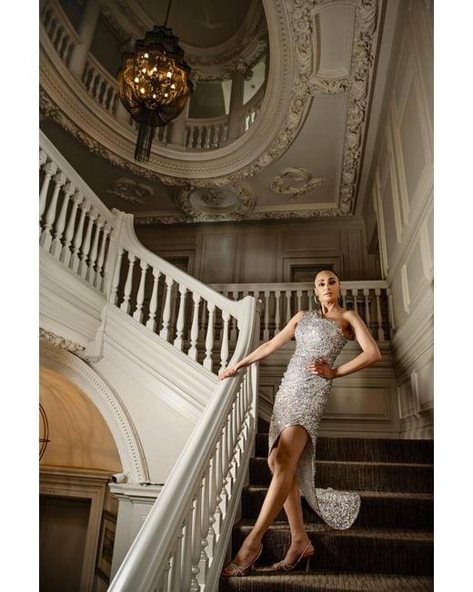 Monice London Gray Mimi One Shoulder Asymmetric Sequin Dress
