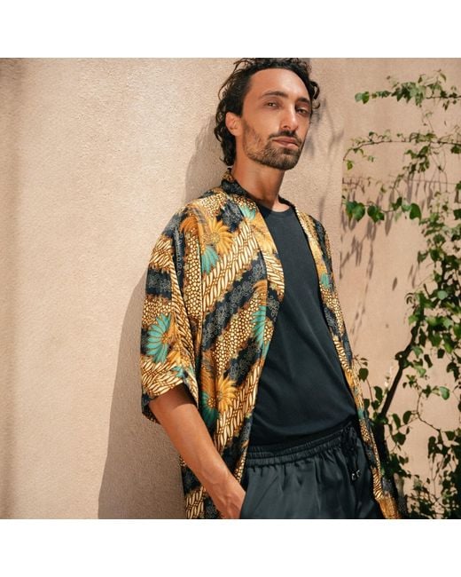 ORIGIN OF HEARTS Green Neutrals Nassau Resort Satin Kimono Shirt for men