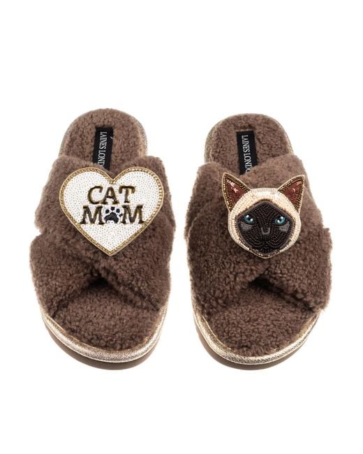 Laines London Brown Neutrals Boucle Slippers With Cat Mum/Mom & Siamese Cat Brooches
