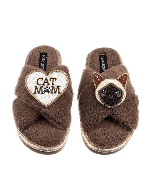 Laines London Brown Neutrals Boucle Slippers With Cat Mum/Mom & Siamese Cat Brooches