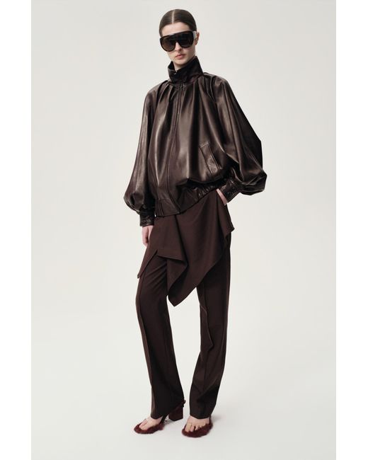 FRONT ROW SHOP Black Soft Pleated Balloon Leather Jakcet Dark