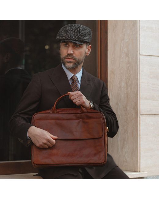 Time Resistance Brown Cognac Leather Briefcase Laptop Bag for men