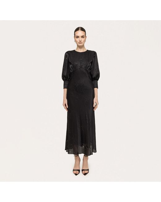 Nissa Black Puff-Sleeve Viscose Midi Dress