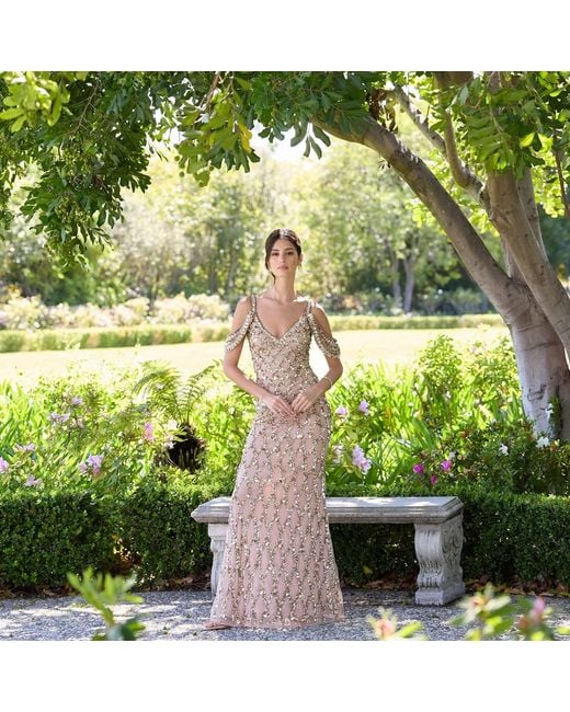 Mac Duggal Natural Sequin Embellished V-Neck Gown