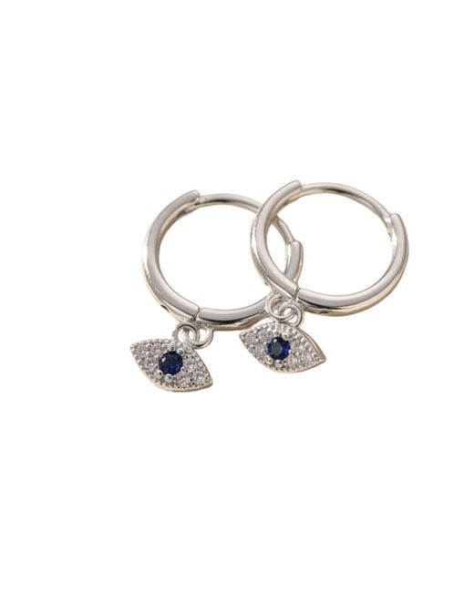 Harfi White Minimalist Small Evil Eye Charm Dainty Hoop Sterling Earrings