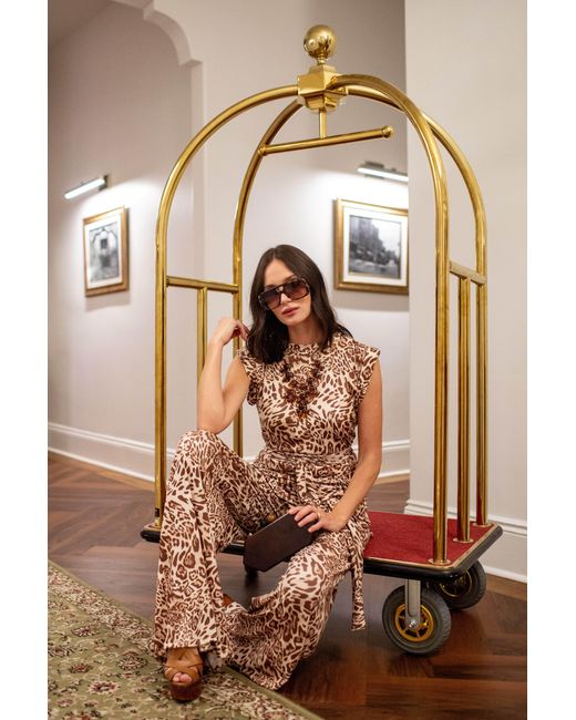 Jennafer Grace Brown Neutrals Champagne Feline Tunic & Palazzo Set