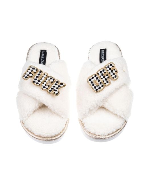 Laines London Metallic Neutrals Laines Neutral Boucle Slippers With Chequered Fuck Off Brooches