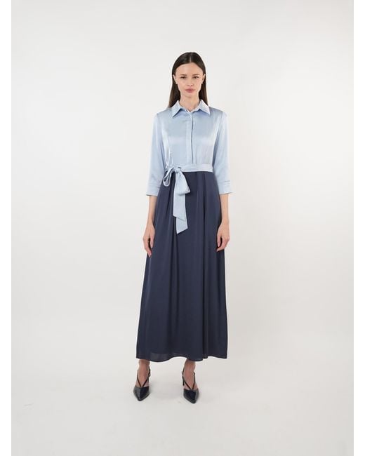 John Abgin Blue Satin Contrast Pearl Detail Maxi Shirt Dress