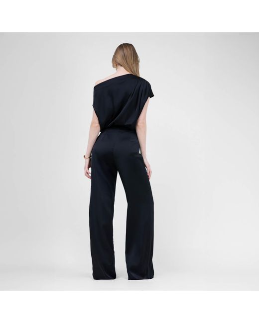 BLUZAT Black Set With Asymmetrical Draped Top And Wide Leg Trousers