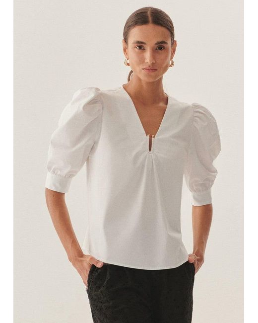 Exquise White Regular Puff Sleeve Poplin Keyhole Blouse