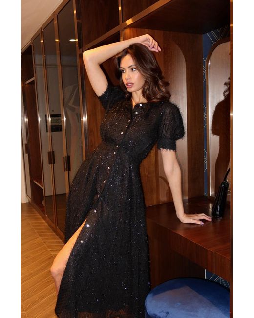 POST MERIDIEM Black Sequin Button Front Midi Dress