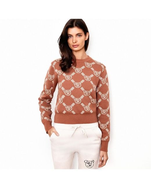 X Ilona Blue Brown Neutrals Graffiti Teddy Bear Cafe Cream Reversible Jacquard Knit Sweater