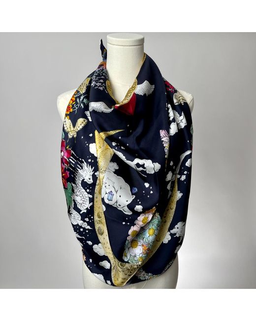 Wenzi Blue Moonlit Menagerie Hand Painted Mulberry Silk Square Scarf