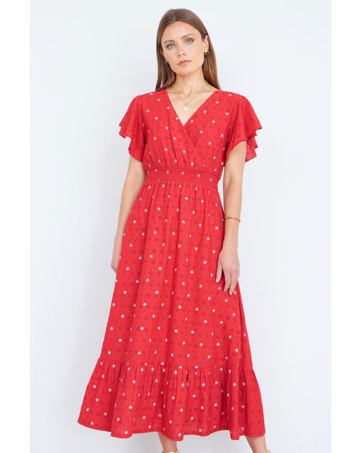 Yumi' Red Broderie Anglaise Wrap Midi Dress With Flower Embroidery