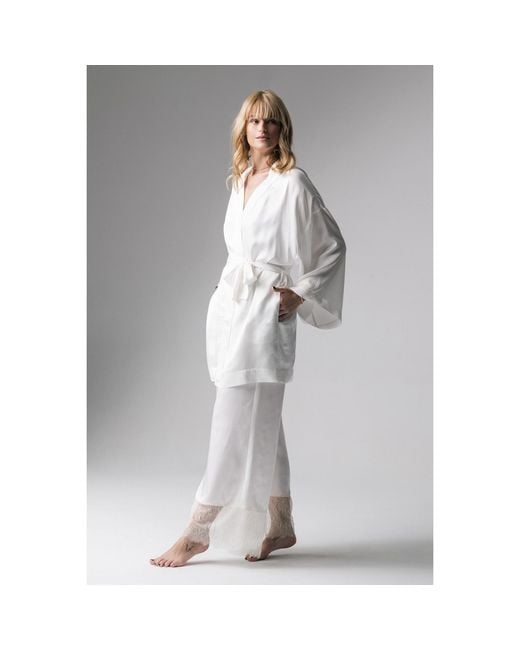 Oh!Zuza White Grace Satin Viscose Short Kimono Robe Cream