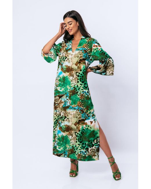 Conquista Green Animal Print Kaftan Style Maxi Dress