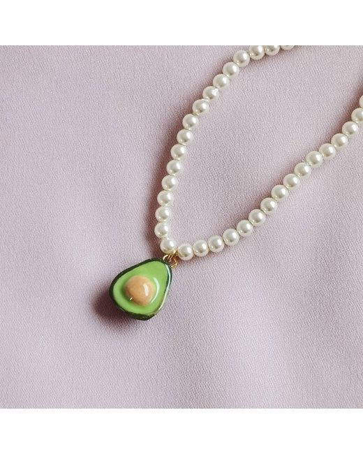POPORCELAIN Metallic Mini Porcelain Avocado Swarovski Pearl Necklace