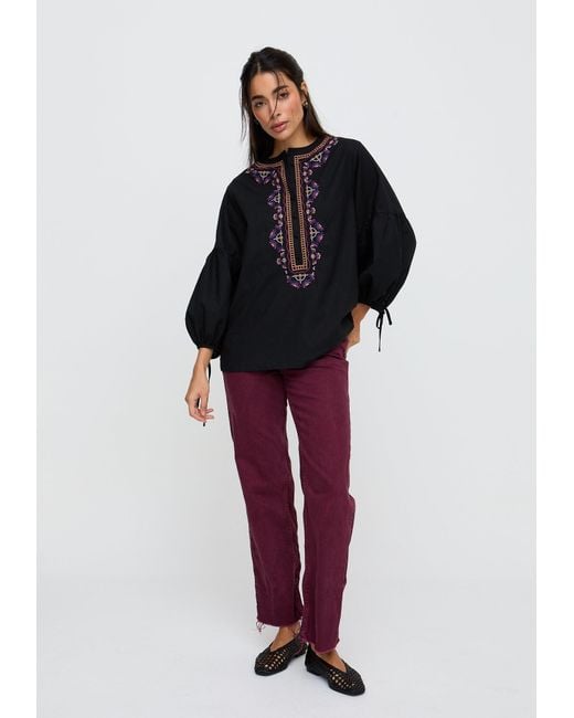 Raffya Black Anai Half Placket Embroidered Blouse
