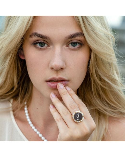 Vintouch Italy Metallic Gold Vermeil Black Cameo Pearl Ring Initial J