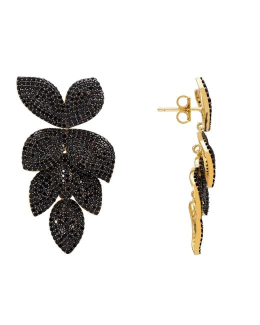 Latelita London Petal Cascading Flower Earrings Gold Black Cz