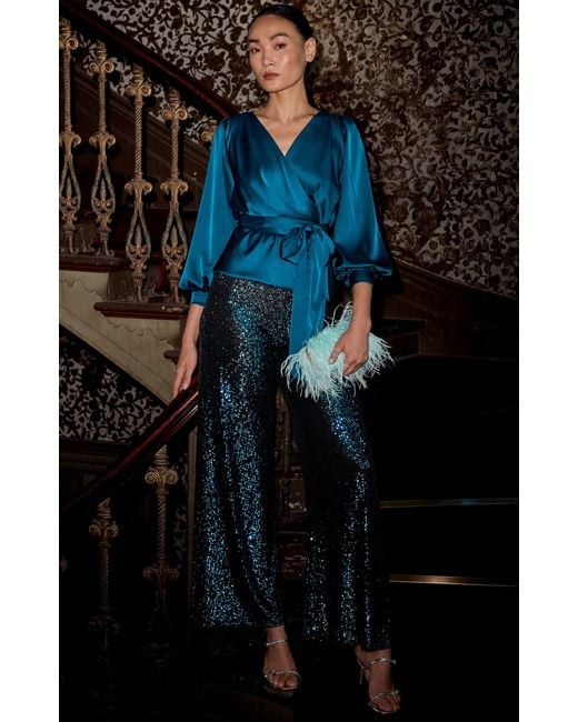 SACHA DRAKE Blue Satin Faux Wrap Top
