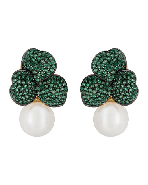 Latelita London Green Iris Flower And Pearl Dangle Earrings Emerald
