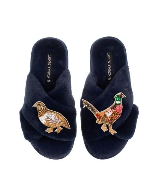 Laines London Blue Classic Laines Slippers With Pheasant & Hen Brooches