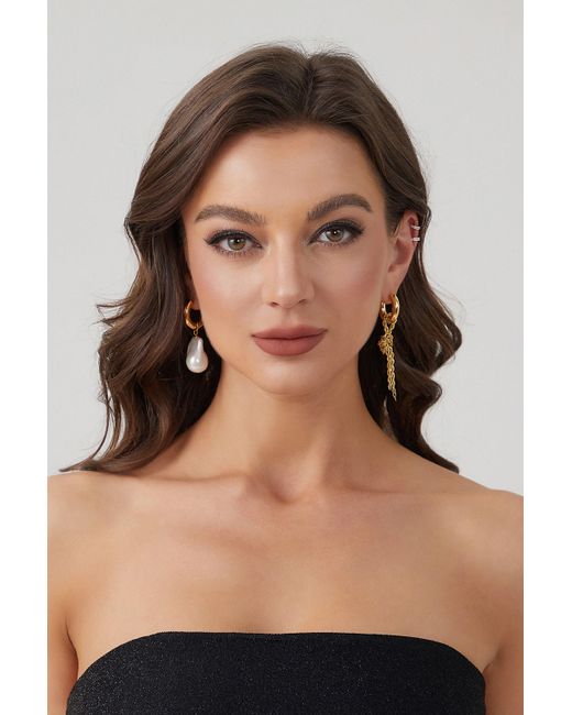 Classicharms Metallic Asymmetrical Rope Chain Baroque Pearl Drop Earrings
