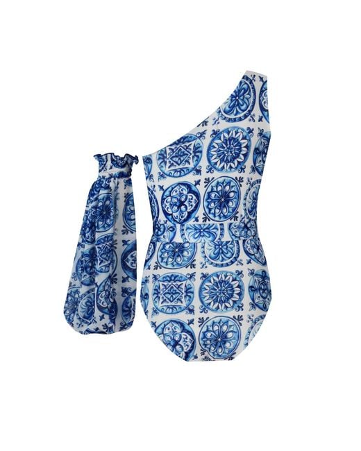 Nur Karaata Blue Soleil Bleu Blanc One-Shoulder Swimsuit