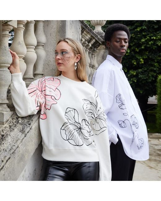 Quillattire White Oversized Shirt With H& Painted Flowers for men