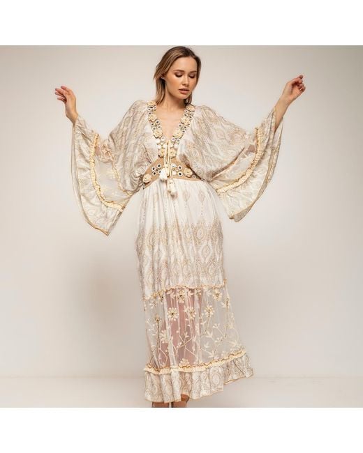 Tantra Spain Sl Natural Neutrals Long Block-Print Dress With Lace And Embroidery And Wide Sleeves Ecru