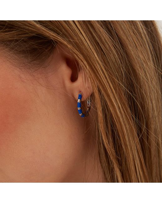Spero London Blue Enamel Fine Stripe Sterling Hoop Earrings With Multi Color Zirconia Interior