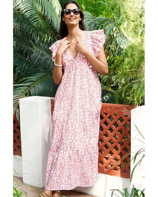 La Mandarine Pink Floral Summer Maxi Dress, Frilled Sleeve Cotton Summer Dress With Pockets, Coralie