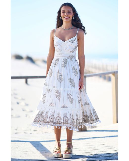 Yumi' Blue Neutrals Ivory Foil Print Midi Sun Dress With Lace Trims