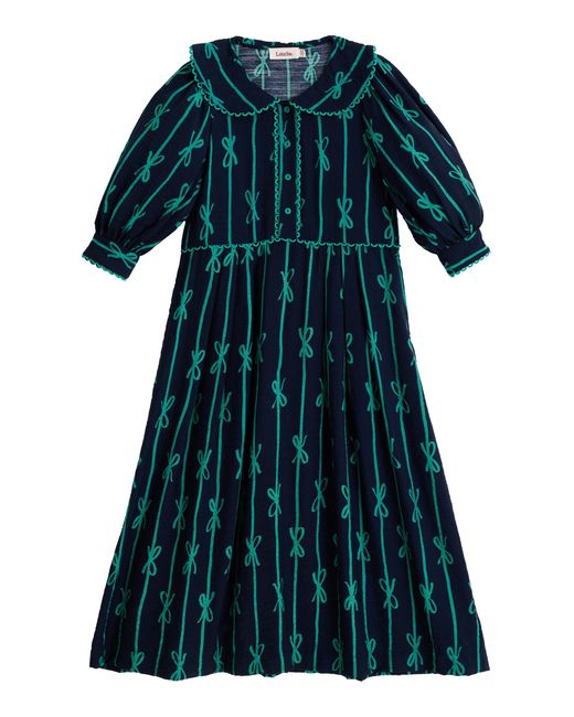Louche Women's Green Caris Tie Up Statement Collar Three Quarter Sleeve  Midi Dress