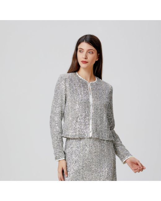 Smart and Joy Gray Round Collar Glitter Jacket