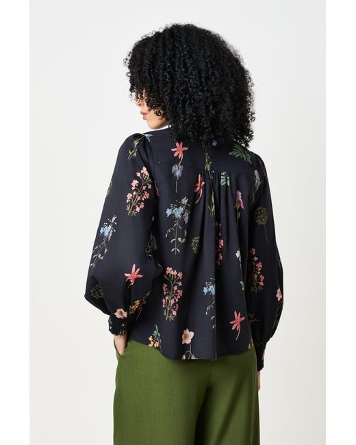 Louche Blue Aditi Flower Press Print Tie Neck Blouse