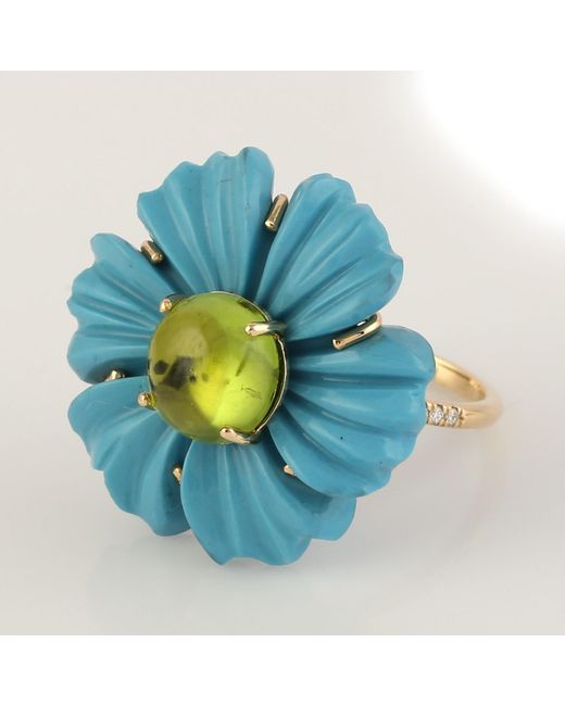 Artisan Blue Flower Carving Turquoise 18k Diamond Peridot Ring