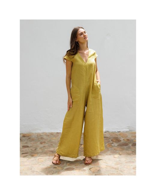Larsen and Co Green Pure Linen Casablanca Jumpsuit In Chartreuse