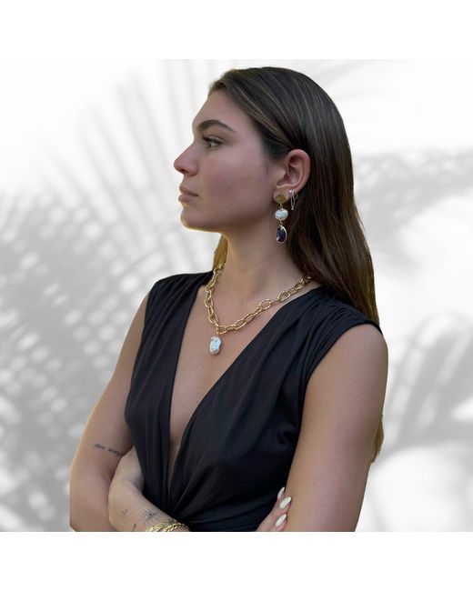 Ebru Jewelry Metallic Majestic Pearl Stone Pendant Link Chain Necklace