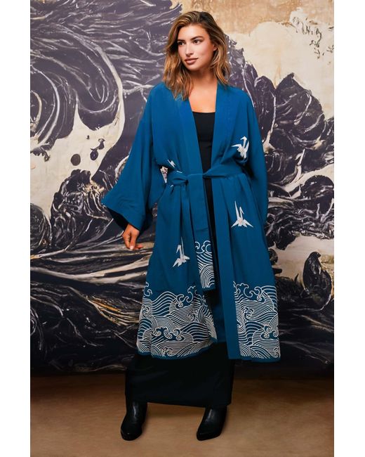 Artemis Muse Blue Origami & Hokusai Wave Embroidered Fully Lined Deep Long Kimono